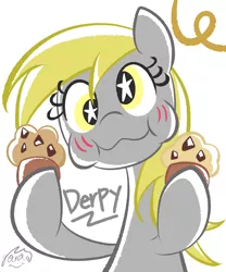 Size: 1701x2041 | Tagged: safe, artist:garammasara, derpibooru import, derpy hooves, pony, unicorn, blushing, cute, derpabetes, eating, food, looking at you, muffin, simple background, solo, starry eyes, wingding eyes