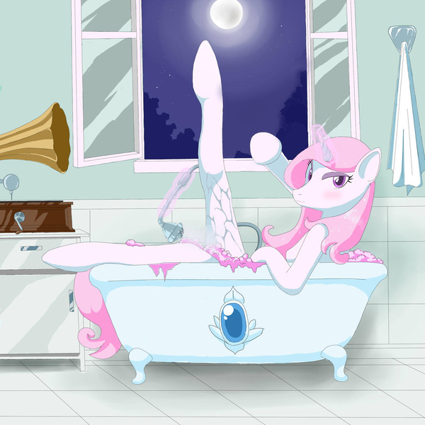 Size: 1024x1024 | Tagged: questionable, artist:vinilyart, derpibooru import, edit, editor:mega-spark, fleur-de-lis, pony, bath, bathtub, blushing, bubble, bubble bath, cabinet, claw foot bathtub, gramophone, leg in air, levitation, magic, masturbation, moon, night, open window, shower head, telekinesis, water, waterjob, wet, wet mane, window