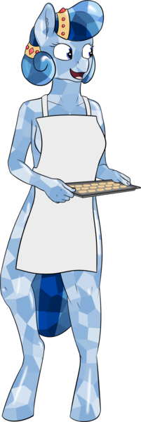 Size: 1297x3871 | Tagged: suggestive, alternate version, artist:barhandar, deleted from derpibooru, derpibooru import, oc, oc:heart song, anthro, crystal pony, earth pony, unguligrade anthro, apron, baking sheet, baking tray, breasts, clothes, cookie, female, food, image, mare, naked apron, open mouth, png, simple background, smiling, solo, transparent background