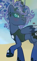 Size: 377x609 | Tagged: safe, artist:crippling depression, derpibooru import, princess luna, trixie, alicorn, pony, alternate hairstyle, beach, blushing, colored wings, crown, curved horn, ear piercing, earring, horn, jewelry, looking at you, multicolored horn, multicolored wings, o.o, piercing, princess shoes, regalia, signature, solo, wings
