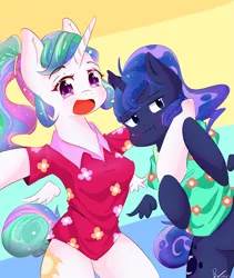 Size: 3031x3583 | Tagged: abstract background, alternate hairstyle, anthro, arm hooves, artist:bubbletea, between dark and dawn, blushing, clothes, cute, cutelestia, derpibooru import, duo, hawaiian shirt, lunabetes, open mouth, ponytail, princess celestia, princess luna, royal sisters, safe, selfie, shirt, :t, tail bun, vacation