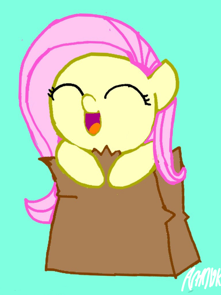 Size: 1536x2048 | Tagged: safe, artist:artmlpk, derpibooru import, fluttershy, pegasus, pony, baby, baby pony, chibi, cute, eyes closed, open mouth, paper bag, pony in a bag, shyabetes, solo