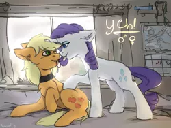 Size: 2000x1500 | Tagged: safe, artist:flysouldragon, derpibooru import, applejack, rarity, pony, any gender, any race, any species, collar, commission, cute, female, jackabetes, lesbian, raribetes, rarijack, shipping, ych example, your character here