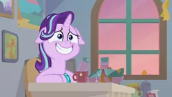 Size: 1920x1080 | Tagged: safe, derpibooru import, screencap, starlight glimmer, pony, unicorn, student counsel, bowl, bracelet, cup, faic, female, floppy ears, grin, jewelry, mare, nervous, nervous grin, smiling, solo, starlight's bracelet