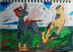 Size: 1280x917 | Tagged: safe, artist:raeverran, derpibooru import, oc, oc:rushy, oc:xevium, unofficial characters only, changeling, unicorn, glowing horn, horn, magic, red changeling, tag me plz, telekinesis, traditional art