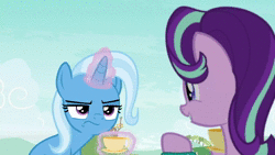 Size: 1920x1080 | Tagged: safe, derpibooru import, screencap, starlight glimmer, trixie, pony, unicorn, student counsel, angry tea drinking, animated, bracelet, cup, drinking, duo, female, food, frown, jewelry, magic, magic aura, mare, nervous laugh, sound, tea, teacup, telekinesis, trixie is not amused, unamused, webm