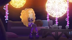 Size: 1336x752 | Tagged: safe, derpibooru import, screencap, adagio dazzle, equestria girls, equestria girls series, find the magic, spoiler:eqg series (season 2), bracelet, clothes, couch, cup, headband, jacket, jewelry, leather jacket, pillow, pose, shorts, spiked headband, spiked wristband, table, tea set, teacup, wristband