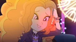 Size: 1027x578 | Tagged: safe, derpibooru import, screencap, adagio dazzle, equestria girls, equestria girls series, find the magic, spoiler:eqg series (season 2), adoragio, beautiful, bracelet, clothes, cute, gem, jacket, jewelry, leather jacket, looking at something, siren gem, smiling, solo, spiked wristband, when she smiles, wristband