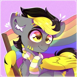 Size: 2000x2000 | Tagged: safe, artist:etoz, derpibooru import, oc, oc:thunder, unofficial characters only, pegasus, pony, blushing, clothes, commission, gay pride, gay pride flag, happy, jewelry, male, pride, pride flag, pride month, scarf, smiling, solo, stallion, wingding eyes, wings, ych result