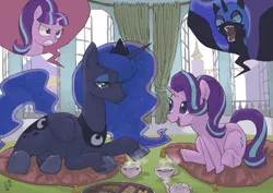 Size: 4093x2894 | Tagged: safe, artist:yanamosuda, derpibooru import, nightmare moon, princess luna, starlight glimmer, alicorn, pony, unicorn, /mlp/, canterlot, canterlot castle interior, cute, duo, female, food, former villain, hoof shoes, laying on pillows, mare, pillow, prone, s5 starlight, sitting, sitting on pillow, talking, tea