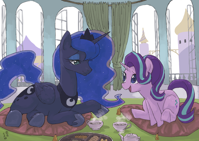 Size: 4093x2894 | Tagged: safe, alternate version, artist:yanamosuda, derpibooru import, princess luna, starlight glimmer, alicorn, pony, unicorn, /mlp/, canterlot, canterlot castle interior, duo, female, food, hoof shoes, laying on pillows, mare, pillow, prone, sitting on pillow, talking, tea