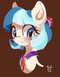 Size: 1243x1601 | Tagged: safe, artist:tohupo, derpibooru import, coco pommel, pony, bust, female, looking down, mare, portrait, she knows, simple background, solo, unhappy