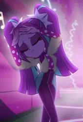 Size: 448x658 | Tagged: safe, derpibooru import, screencap, aria blaze, equestria girls, equestria girls series, find the magic, spoiler:eqg series (season 2), alternate clothes, clothes, cropped, dancing, eyes closed, female, pigtails, polka dots, ponytails, pose, solo