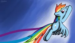 Size: 3840x2190 | Tagged: safe, artist:abluskittle, derpibooru import, rainbow dash, pony, female, flying, looking at you, looking back, looking back at you, mare, rainbow, signature, sky, solo, spread wings, trail, wings