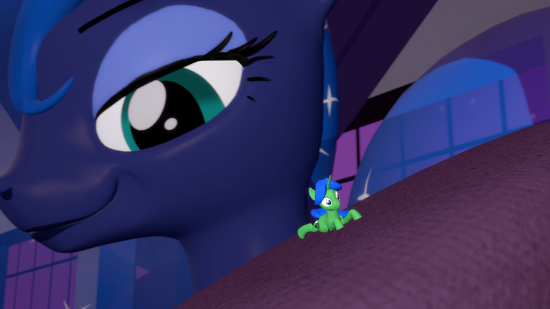 Size: 3000x1687 | Tagged: safe, artist:johnnyxluna, derpibooru import, princess luna, oc, oc:prince lightning chaser, pony, 3d, clothes, fetish, hoof fetish, looking back, macro, micro, shrink, shrunk, shrunken, smiling, smirk, sock fetish, socks, source filmmaker, tiny