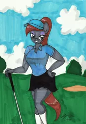 Size: 2045x2914 | Tagged: safe, artist:newyorkx3, derpibooru import, oc, oc:casey, unofficial characters only, anthro, earth pony, plantigrade anthro, beautiful, cap, clothes, cloud, eyeshadow, female, golf, golf club, golf course, hat, makeup, miniskirt, ponytail, skirt, sky, socks, solo, sports, white socks