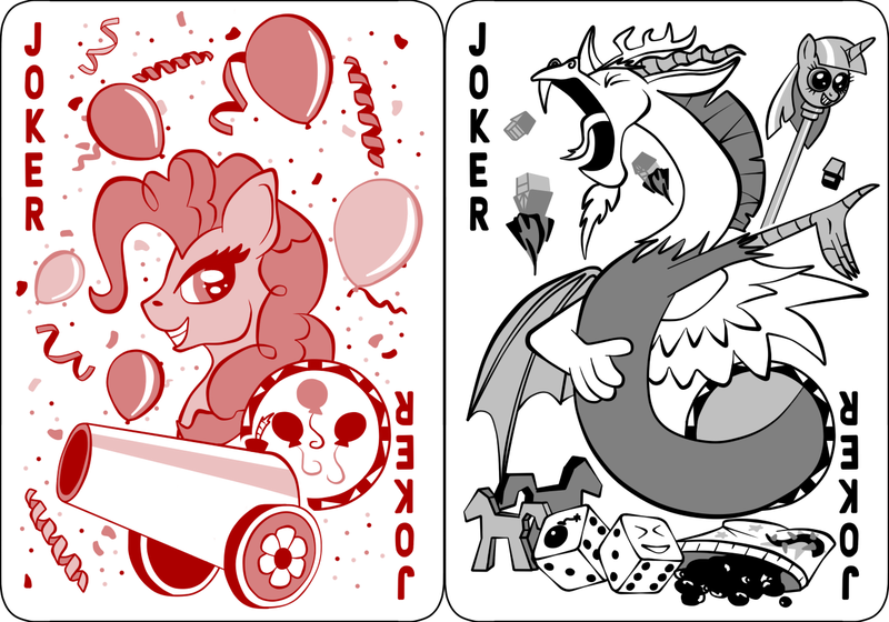 Size: 1270x889 | Tagged: safe, artist:virenth, derpibooru import, discord, pinkie pie, draconequus, earth pony, pony, joker, jokercord, pinkie joker, playing card