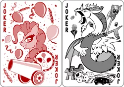 Size: 1270x889 | Tagged: safe, artist:virenth, derpibooru import, discord, pinkie pie, draconequus, earth pony, pony, joker, jokercord, pinkie joker, playing card