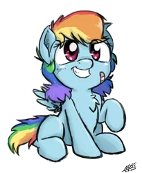 Size: 985x1204 | Tagged: safe, artist:natsu714, derpibooru import, rainbow dash, pegasus, pony, bandaid, chest fluff, cute, dashabetes, ear fluff, eye clipping through hair, female, filly, filly rainbow dash, simple background, sitting, smiling, solo, transparent background, younger