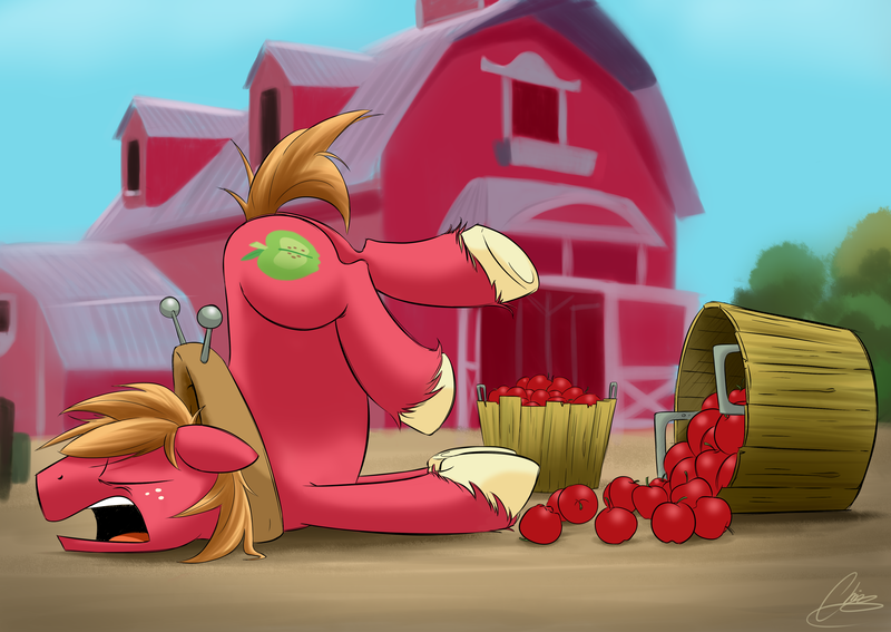 Size: 3925x2783 | Tagged: safe, artist:oinktweetstudios, derpibooru import, big macintosh, earth pony, pony, going to seed, apple, barn, basket, food, male, silly, silly pony, sleeping, snoring, solo, stallion, sweet apple acres