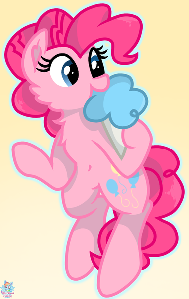 Size: 776x1224 | Tagged: safe, artist:rainbow eevee, derpibooru import, pinkie pie, pony, cheek fluff, chest fluff, cotton candy, cute, diapinkes, female, food, gradient background, hoof hold, nom, simple background, solo