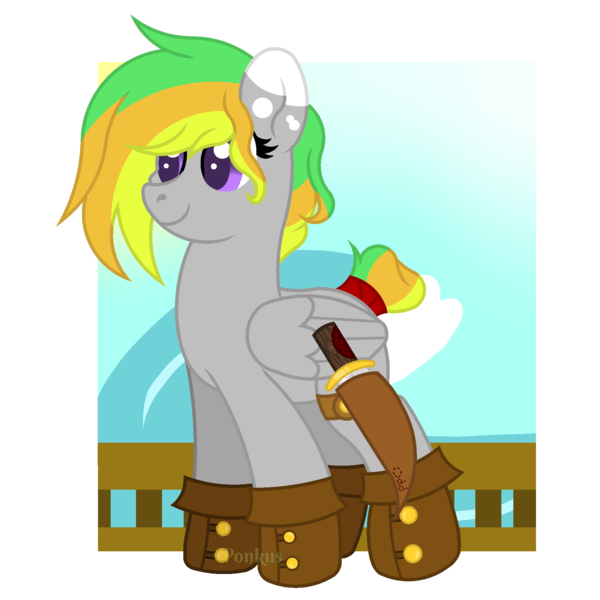 Size: 1800x1800 | Tagged: safe, artist:ponkus, derpibooru import, oc, oc:odd inks, unofficial characters only, pegasus, pony, clothes, knife, pirate, ship, shoes, solo, water, wave