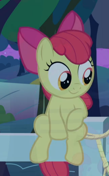 Size: 419x677 | Tagged: safe, derpibooru import, screencap, apple bloom, earth pony, pony, going to seed, adorabloom, cropped, cute, female, fence, filly, foal, sitting, smiling, solo