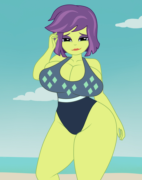 Size: 1500x1900 | Tagged: suggestive, artist:mashoart, derpibooru import, victoria, equestria girls, beach, beach babe, bedroom eyes, big breasts, breasts, busty victoria, cleavage, clothes, female, hips, huge breasts, lipstick, looking at you, milf, one-piece swimsuit, plump, sexy, smiling, solo, solo female, stupid sexy victoria, swimsuit, thick, thighs, wide hips