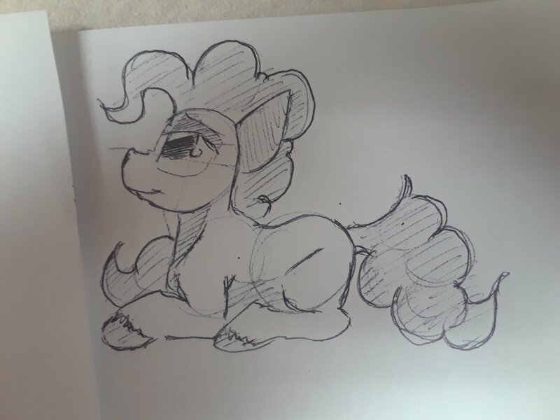 Size: 2576x1932 | Tagged: safe, artist:post-it, derpibooru import, pinkie pie, earth pony, pony, female, ink drawing, lidded eyes, lying down, mare, monochrome, simple background, sketch, smiling, solo, traditional art, unshorn fetlocks, white background