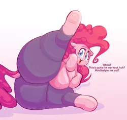 Size: 2724x2560 | Tagged: suggestive, artist:hattsy-nsfw, derpibooru import, pinkie pie, earth pony, pony, balloonbutt, bbw, belly, belly button, butt, clothes, compression shorts, dialogue, dock, fat, female, looking at you, mare, open mouth, pants, plot, pudgy pie, side, solo, spread legs, spreading, sweat, the ass was fat, underhoof, yoga pants