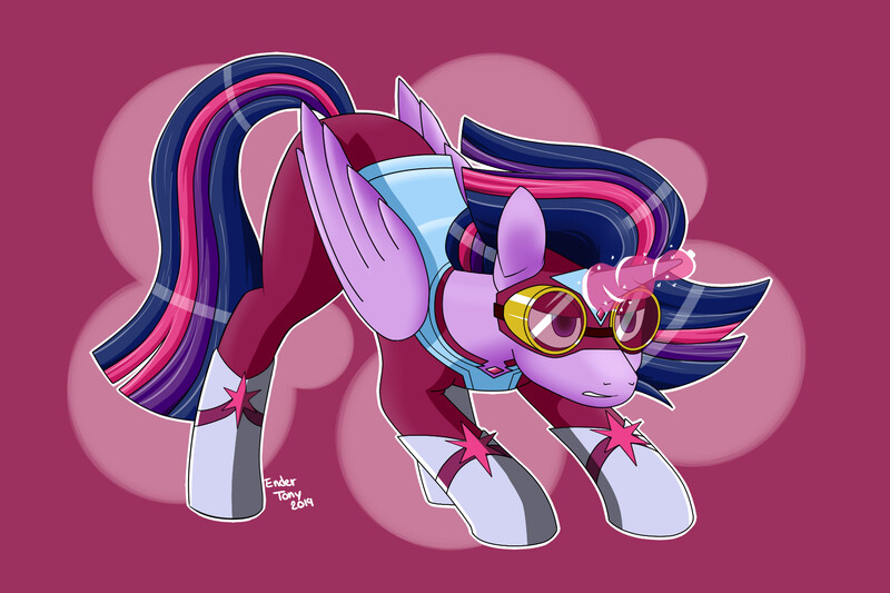 Size: 1800x1200 | Tagged: safe, artist:endertony, derpibooru import, masked matter-horn, twilight sparkle, twilight sparkle (alicorn), alicorn, pony, abstract background, alternate hairstyle, clothes, face down ass up, glowing horn, horn, magic, magic aura, power ponies, solo