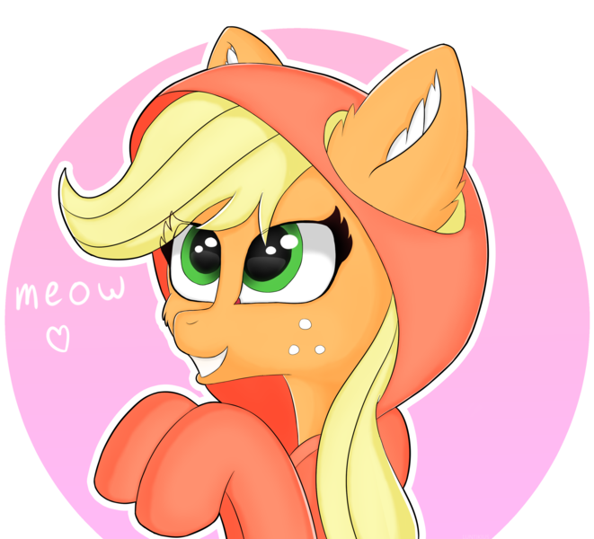 Size: 3179x2887 | Tagged: safe, artist:luntikius, derpibooru import, applejack, pony, abstract background, applecat, bust, cheek fluff, clothes, cute, ear fluff, eye clipping through hair, heart, hoodie, jackabetes, meow, portrait, smiling, solo