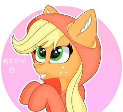 Size: 3179x2887 | Tagged: safe, artist:luntikius, derpibooru import, applejack, pony, abstract background, applecat, bust, cheek fluff, clothes, cute, ear fluff, eye clipping through hair, heart, hoodie, jackabetes, meow, portrait, smiling, solo