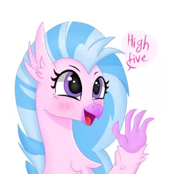 Size: 4000x4000 | Tagged: absurd resolution, artist:luntikius, blushing, bust, classical hippogriff, cute, derpibooru import, dialogue, diastreamies, female, high five, hippogriff, open mouth, portrait, safe, silverstream, simple background, solo, speech bubble, white background