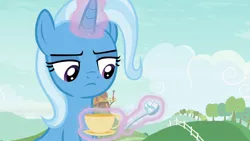 Size: 1920x1080 | Tagged: safe, derpibooru import, screencap, trixie, pony, unicorn, student counsel, cup, female, magic, magic aura, mare, solo, sugarcube, teacup, telekinesis