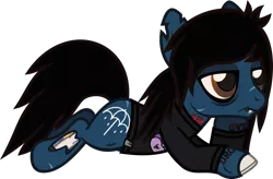 Size: 1209x795 | Tagged: safe, artist:lightningbolt, derpibooru import, ponified, ponified:oliver sykes, earth pony, pony, undead, zombie, zombie pony, .svg available, bags under eyes, bloodshot eyes, bone, bored, bring me the horizon, clothes, drop dead clothing, fangs, hoof on chin, lidded eyes, lip piercing, long sleeves, male, piercing, prone, scar, shirt, simple background, solo, stallion, stitches, svg, tattoo, torn ear, transparent background, vector