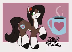 Size: 2000x1449 | Tagged: safe, artist:rubbermage, derpibooru import, oc, oc:hazelnut brew, ponified, unofficial characters only, earth pony, pony, coffee, commission, cutie mark, explicit source