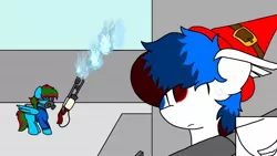 Size: 1280x720 | Tagged: safe, artist:storm remedy, derpibooru import, oc, oc:bryce hoodie, oc:storm remedy, pony, flamethrower, pyro, rocket launcher, soldier, team fortress 2, weapon
