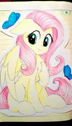 Size: 1836x3177 | Tagged: safe, artist:liaaqila, derpibooru import, fluttershy, butterfly, pegasus, pony, chest fluff, cute, female, floppy ears, hoof on chest, looking at you, mare, missing cutie mark, shyabetes, sitting, smiling, solo, spread wings, three quarter view, traditional art, wings