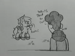 Size: 2576x1932 | Tagged: safe, artist:drheartdoodles, derpibooru import, oc, oc:anon, oc:dr.heart, clydesdale, human, pegasus, pony, :3, chibi, clothes, dialogue, grass, jacket, knife, pencil drawing, traditional art