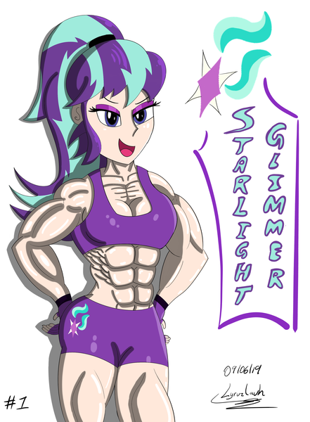 Size: 2500x3400 | Tagged: suggestive, artist:lyruzlavh, derpibooru import, starlight glimmer, human, equestria girls, equestria girls series, abs, biceps, big breasts, breasts, cleavage, clothes, cutie mark, eyelashes, eyeshadow, female, fetish, gloves, humanized, makeup, muscle fetish, muscle growth, muscles, muscular female, ponytail, shorts, smiling, solo, sports bra, sports outfit, starlight lifter, text