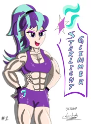 Size: 2500x3400 | Tagged: suggestive, artist:lyruzlavh, derpibooru import, starlight glimmer, human, equestria girls, equestria girls series, abs, biceps, big breasts, breasts, cleavage, clothes, cutie mark, eyelashes, eyeshadow, female, fetish, gloves, humanized, makeup, muscle fetish, muscle growth, muscles, muscular female, ponytail, shorts, smiling, solo, sports bra, sports outfit, starlight lifter, text