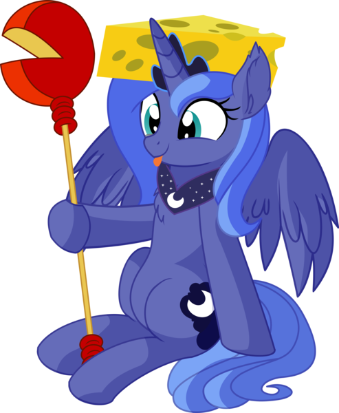 Size: 5974x7265 | Tagged: safe, artist:cyanlightning, derpibooru import, princess luna, alicorn, pony, .svg available, absurd resolution, cheese, cheese hat, cheese scepter, cheesehead, chest fluff, cute, ear fluff, female, food, hat, holding, lunabetes, mare, precious, s1 luna, simple background, sitting, solo, spread wings, tongue out, transparent background, vector, wings