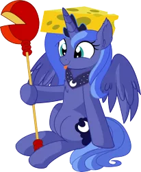 Size: 5974x7265 | Tagged: safe, artist:cyanlightning, derpibooru import, princess luna, alicorn, pony, .svg available, absurd resolution, cheese, cheese hat, cheese scepter, cheesehead, chest fluff, cute, ear fluff, female, food, hat, holding, lunabetes, mare, precious, s1 luna, simple background, sitting, solo, spread wings, tongue out, transparent background, vector, wings