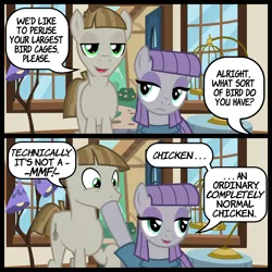 Size: 3260x3260 | Tagged: safe, artist:cheezedoodle96, derpibooru import, maud pie, mudbriar, earth pony, pony, student counsel, .svg available, bird cage, blatant lies, comic, dialogue, female, hoof in mouth, hoof over mouth, lamp, male, maudbriar, offscreen character, ponyville, quills and sofas, shipping, shopping, show accurate, smiling, speech bubble, straight, svg, technically, text, vector, when she smiles