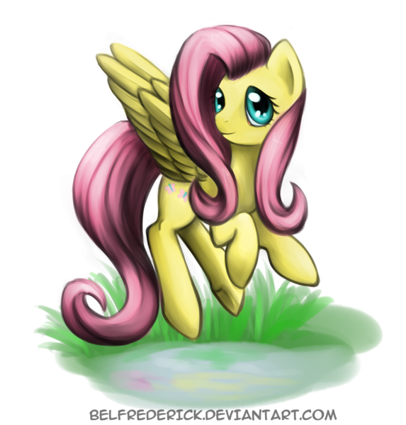 Size: 1000x1048 | Tagged: safe, artist:bel-assa, derpibooru import, fluttershy, pegasus, pony, female, flying, grass, looking at you, mare, simple background, smiling, solo, transparent background