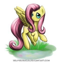 Size: 1000x1048 | Tagged: safe, artist:bel-assa, derpibooru import, fluttershy, pegasus, pony, female, flying, grass, looking at you, mare, simple background, smiling, solo, transparent background