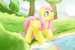 Size: 1500x1000 | Tagged: safe, artist:bel-assa, derpibooru import, fluttershy, pegasus, pony, female, looking up, mare, open mouth, raised hoof, solo, tree, water