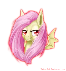 Size: 2900x3123 | Tagged: safe, artist:bel-assa, derpibooru import, fluttershy, bat pony, pony, bat ponified, bust, ear fluff, female, flutterbat, lidded eyes, looking at you, mare, race swap, simple background, smiling, smirk, solo, spread wings, transparent background, wings