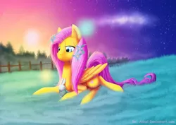 Size: 2500x1767 | Tagged: safe, artist:bel-assa, derpibooru import, angel bunny, fluttershy, butterfly, pegasus, pony, rabbit, animal, cloud, duo, female, flower, flower in hair, forest, grass, grass field, mare, prone, scenery, stars, sun, twilight (astronomy)